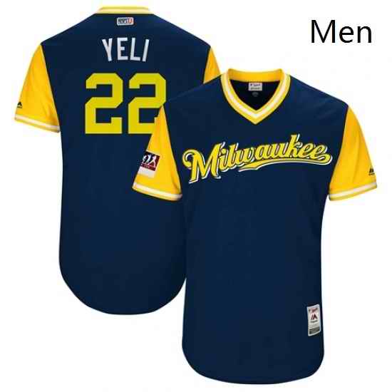 Mens Milwaukee Brewers 22 Christian Yelich Navy Yeli Players Weekend Authentic Stitched MLB Jersey